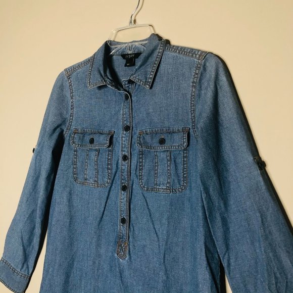 J. CREW | Chambray Tab Sleeve Collared Shirt Dress 100% Cotton Chest Pockets - Picture 3 of 7